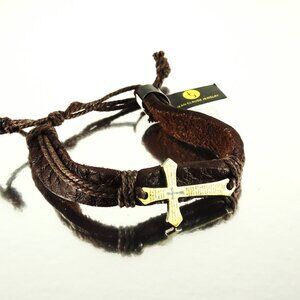 JEAN CLAUDE Brown Soft Leather Gold Tone Cross Friendship Adjustable Bracelet